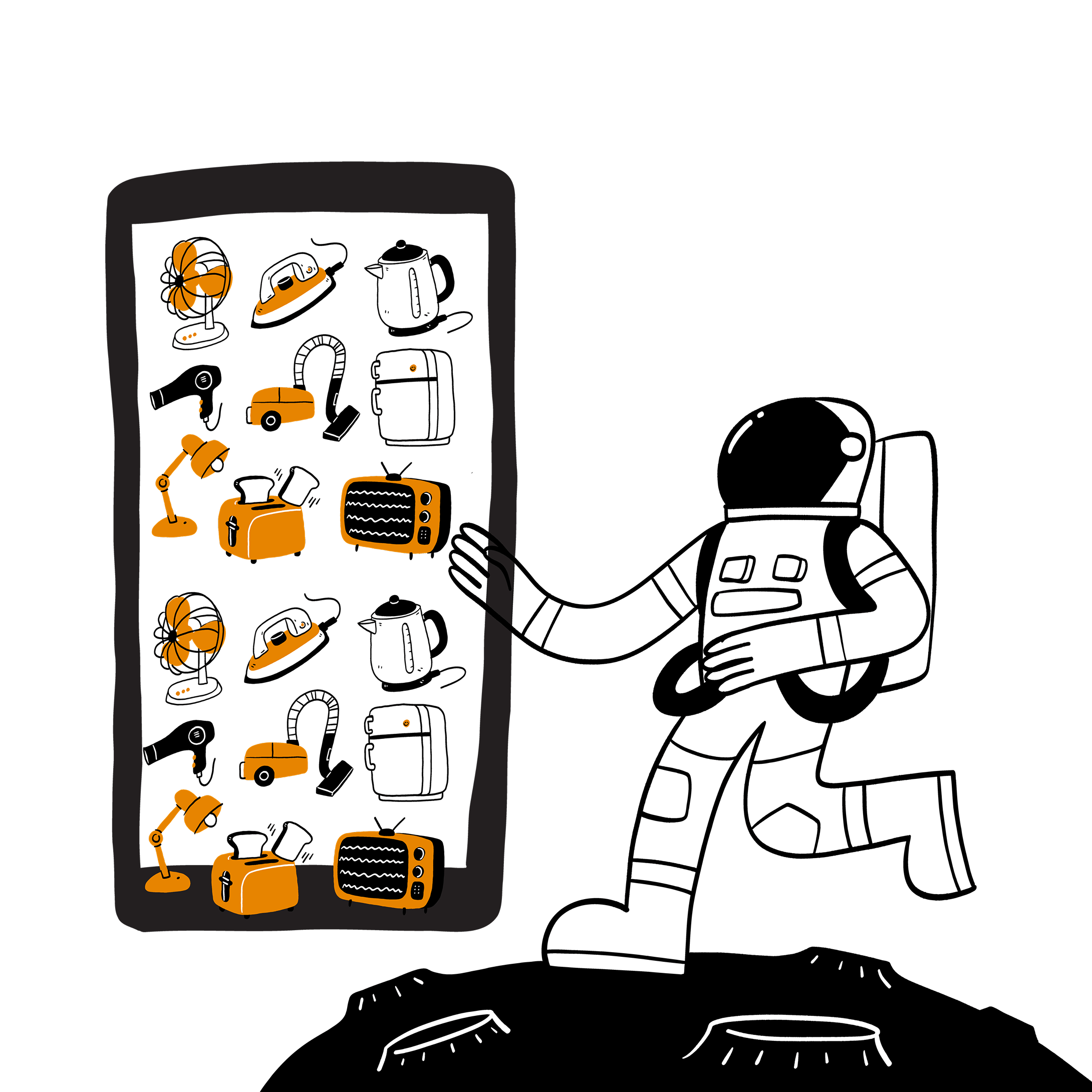 Ilustracja astronauty stojącego przed wielkim ekranem z ikonami różnych urządzeń, symbolizująca innowacyjne portfolio produktów i nowoczesne technologie.