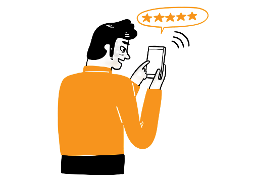 Ilustracja mężczyzny trzymającego smartfon z ikoną pięciu gwiazdek, symbolizująca wysoką satysfakcję i pozytywne opinie klientów.